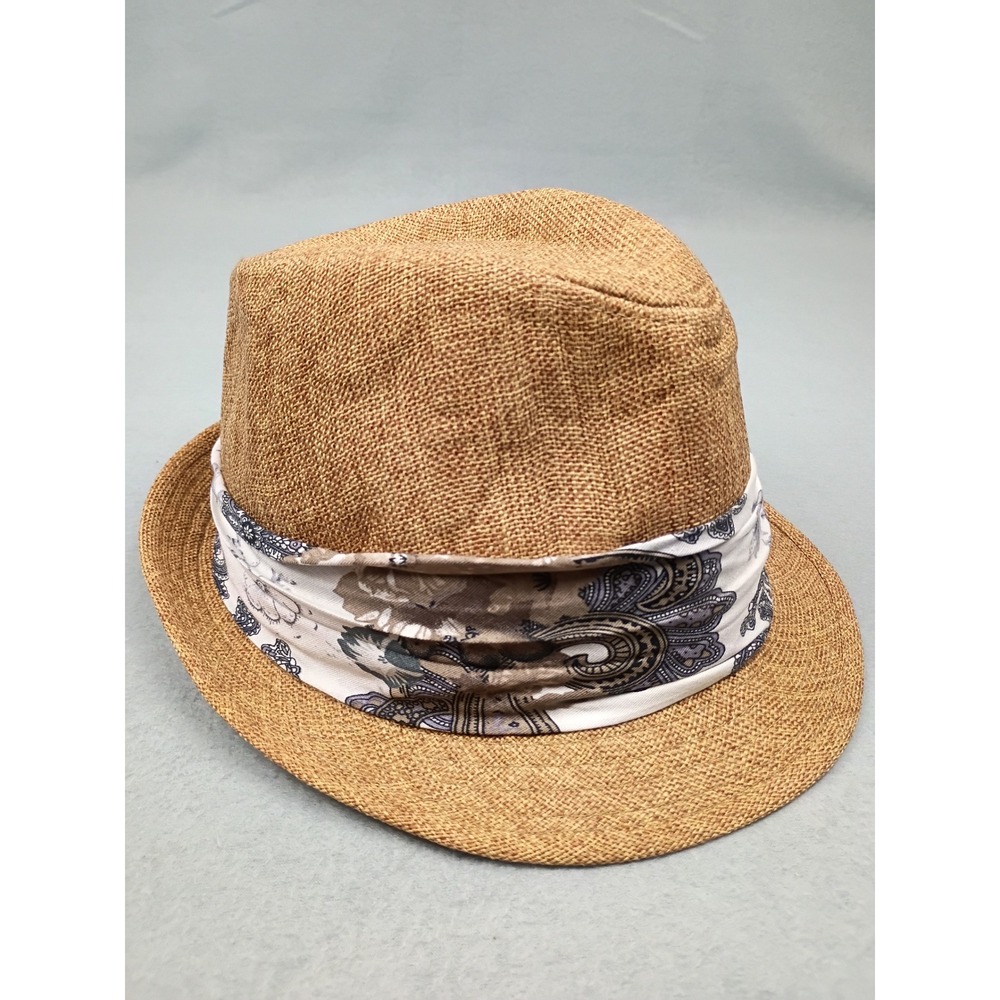 Tan Woven Fedora Hat Paisley Band Short Brim Summer Sun Hat HAT-663 One Size